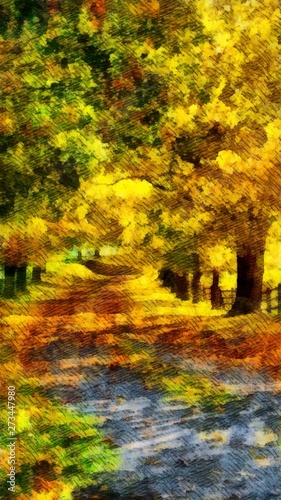 Beautiful, colorful autumn road in holiday fall watercolor painting wallpaper background © Goodday studio
