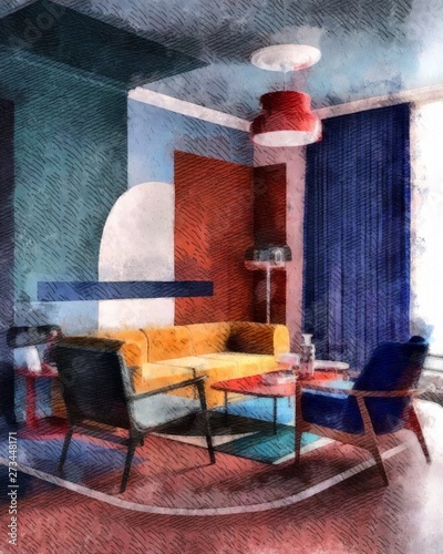 modern living room with yellow cozy sofa and wooden blue chair and vintage lamp, interior design watercolor painting wallpaper background
