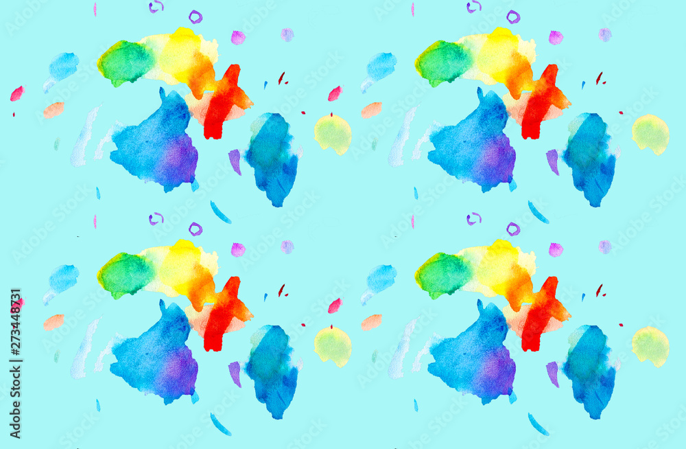 watercolor multicolored blots splashes chaotic bursts on a blue seamless background summer brightness color delight emotions