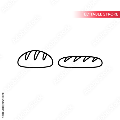 Bread loaf and french bread baguette thin line icon set. Bread black outline vector set. Editable stroke.  