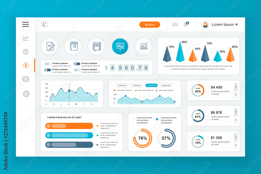 Dashboard admin panel vector design template with infographic elements, chart, diagram, info graphics. Website dashboard for ui and ux design web page. Vector illustration.