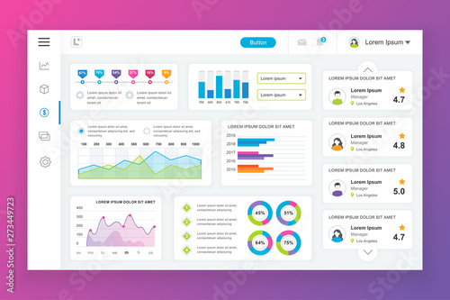 Dashboard admin panel vector design template with infographic elements, chart, diagram, info graphics. Website dashboard for ui and ux design web page. Vector illustration.