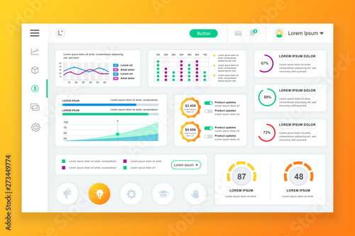 Dashboard admin panel vector design template with infographic elements, chart, diagram, info graphics. Website dashboard for ui and ux design web page. Vector illustration.