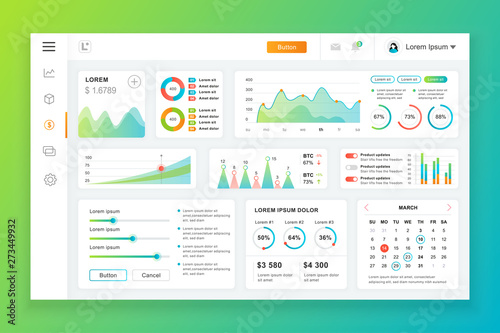 Dashboard admin panel vector design template with infographic elements, chart, diagram, info graphics. Website dashboard for ui and ux design web page. Vector illustration.
