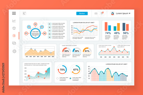 Dashboard admin panel vector design template with infographic elements, chart, diagram, info graphics. Website dashboard for ui and ux design web page. Vector illustration.