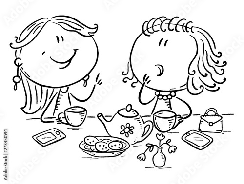 Friends talking and drinking tea, outline cartoon illustration