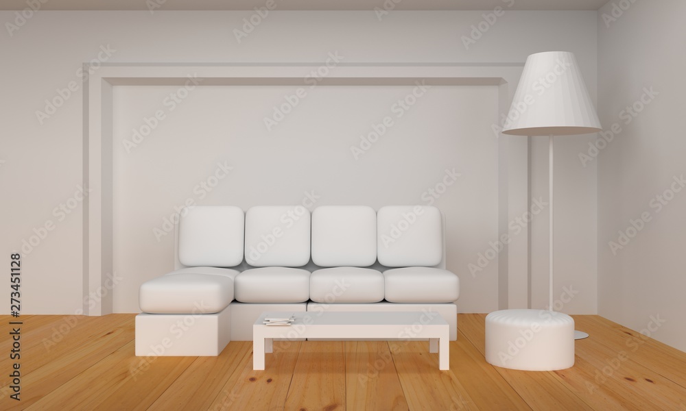 White room with sofa. Scandinavian interior design. 3D illustration