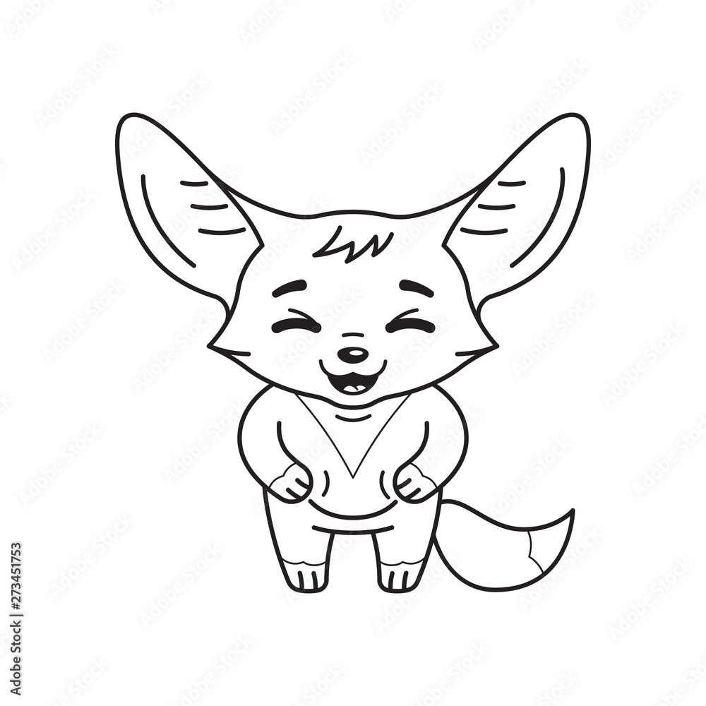 Obraz premium Black and white illustration of laughing fennec fox with paws on its belly. Cute kawaii cartoon character. Funny emotion and face expression. Isolated on white background