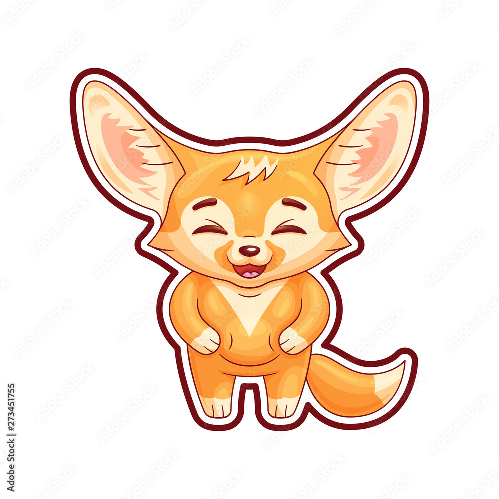 Laughing fennec fox with paws on its belly. Cute kawaii cartoon character. Funny emotion and face expression. Isolated on white background Laughing fennec fox with paws on its belly. Cute kawaii cartoon character. Funny emotion and face expression. Isolated on white background