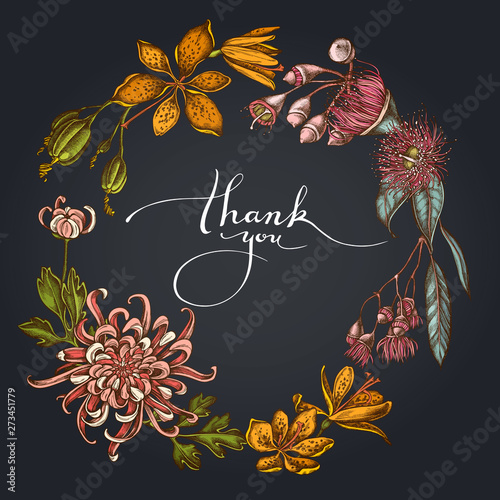 Dark Floral Wreath of japanese chrysanthemum, blackberry lily, eucalyptus flower