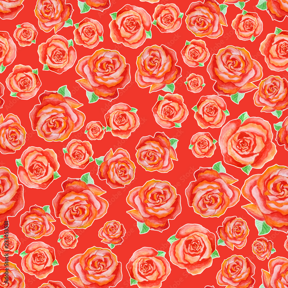 Seamless pattern of different red roses with green leaves, randomly arranged on a red background.