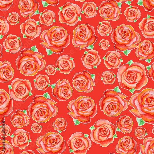 Seamless pattern of different red roses with green leaves  randomly arranged on a red background.