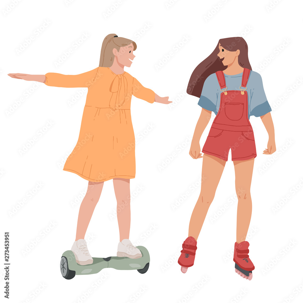 Girls ride on self-balancing scooter, roller skates. Girls ride on self-balancing scooter, roller skates.