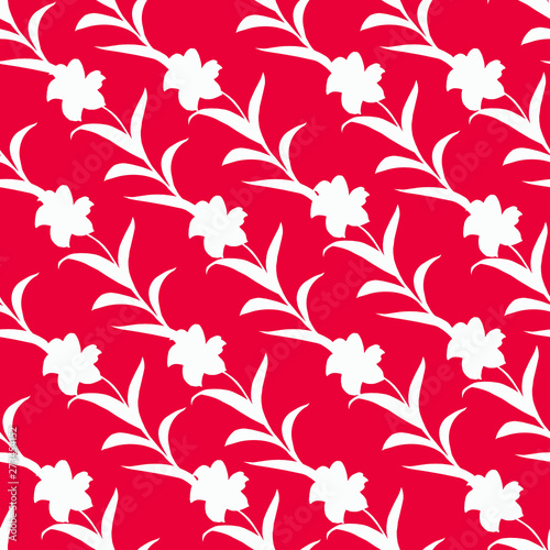 Seamless pattern of flower silhouettes intertwined on a red background. White floral ornament