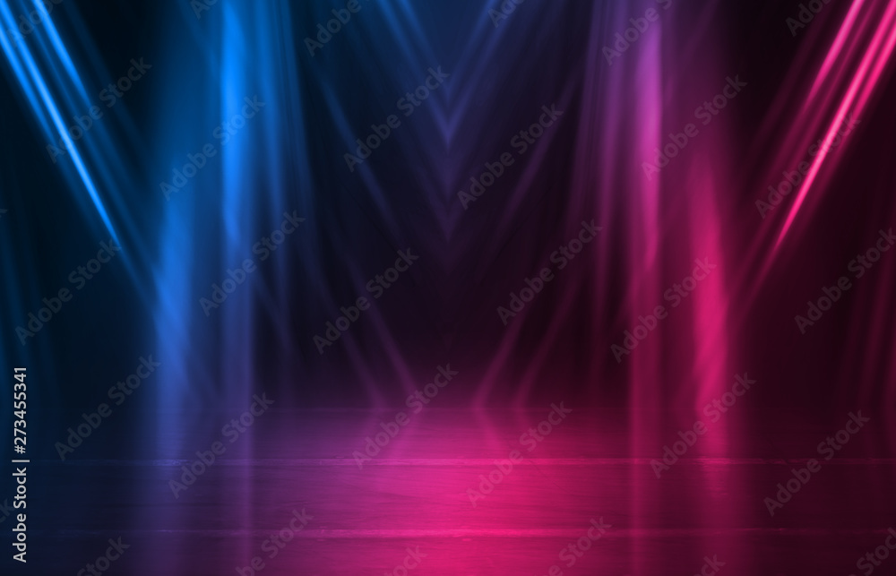 Empty background scene. Dark street reflection on wet asphalt. Rays of neon light in the dark, neon figures, smoke. Background of empty stage show. Abstract dark background. Empty background scene. Dark street reflection on wet asphalt. Rays of neon light in the dark, neon figures, smoke. Background of empty stage show. Abstract dark background.
