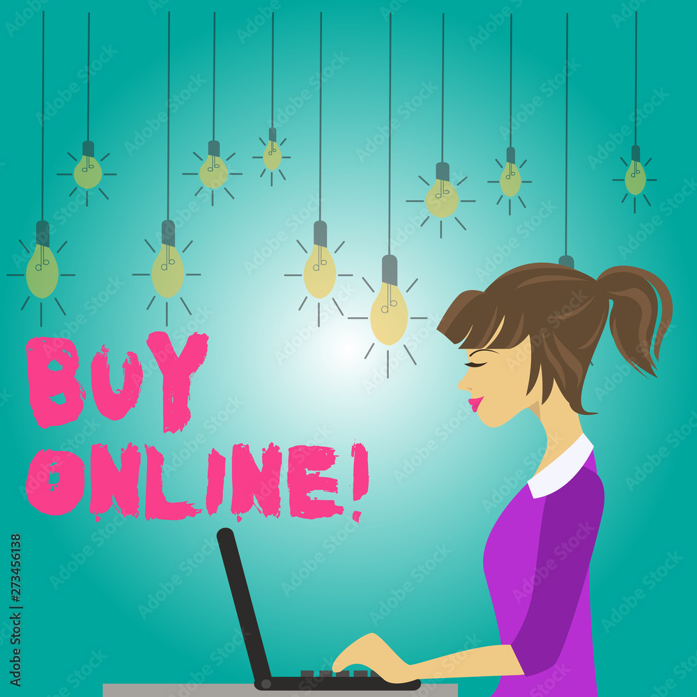 Word writing text Buy Online. Business photo showcasing electronic commerce which allows consumers to directly buy goods photo of Young Busy Woman Sitting Side View and Working on her Laptop Word writing text Buy Online. Business photo showcasing electronic commerce which allows consumers to directly buy goods photo of Young Busy Woman Sitting Side View and Working on her Laptop