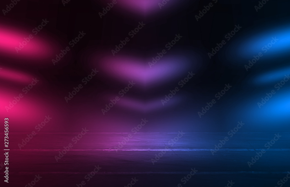 Empty background scene. Dark street reflection on wet asphalt. Rays of neon light in the dark, neon figures, smoke. Background of empty stage show. Abstract dark background.