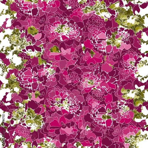 Floral vector seamless pattern. Silhouettes of many different bright pink flowers and green leaves. Abstract nature background. Ornate natural backdrop. Organic template for design.