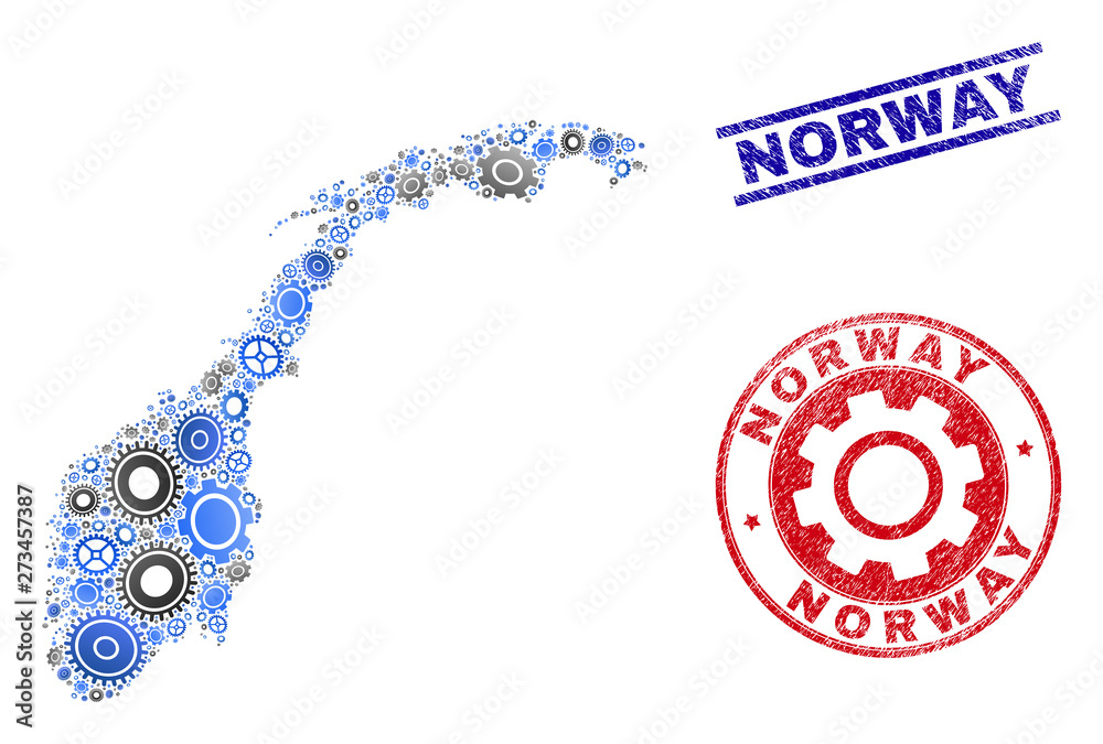 Obraz premium Gear vector Norway map collage and seals. Abstract Norway map is composed with gradiented scattered gears. Engineering territory plan in gray and blue colors, and blue and red rounded and lines seals,