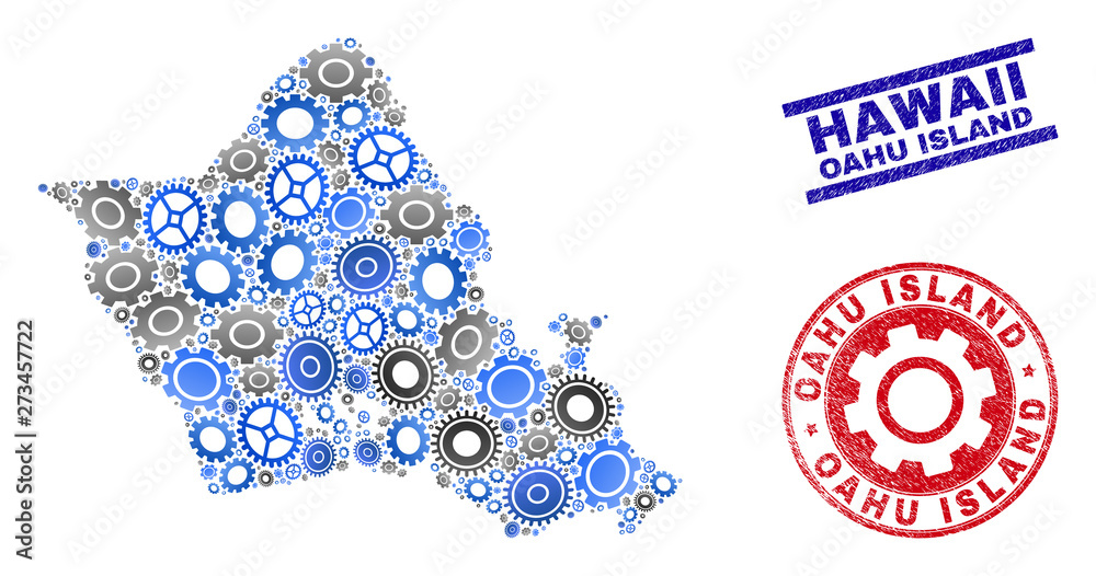 Wheel vector Oahu Island map mosaic and stamps. Abstract Oahu Island ...