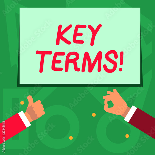 Handwriting text writing Key Terms. Conceptual photo significant or memorable words in title abstract or text Two Businessmen Hands Gesturing the Thumbs Up and Okay Sign for Promotion photo