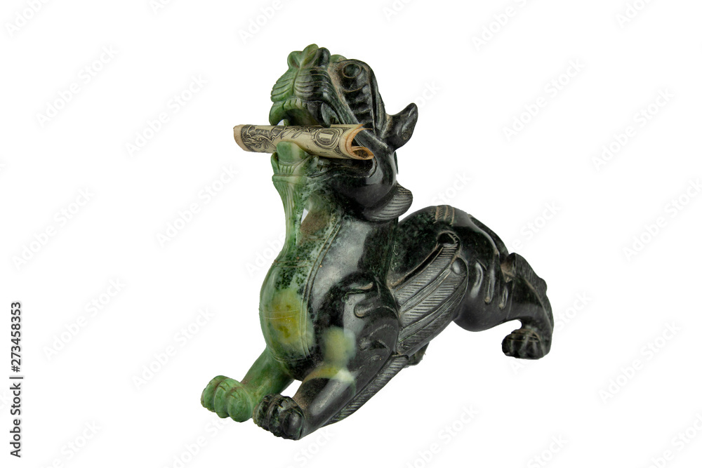 Jade Pixiu is Chinese lucky animal of china eat dollar on white background have path Jade Pixiu is Chinese lucky animal of china eat dollar on white background have path