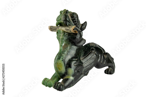 Jade Pixiu is Chinese lucky animal of china eat dollar on white background have path