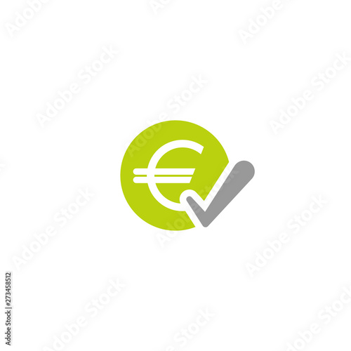 Green circle with euro sign and grey ok tick. Flat icon. Isolated on white. Pay sign. Accept button. Check box. photo