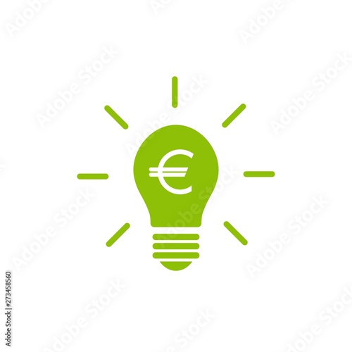 Green bulb with rays and euro sign flat icon. Isolated on white. Electric Light Price icon.