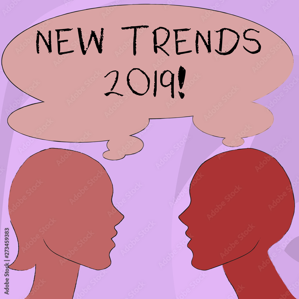 Text sign showing New Trends 2019. Business photo showcasing general direction in which something is developing Silhouette Sideview Profile Image of Man and Woman with Shared Thought Bubble
