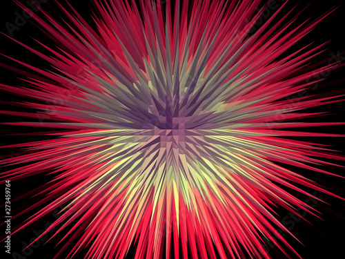 Abstract Illustration of a mauve, yellow to red spark like explosion on a black background. . 
