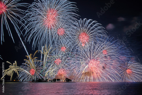 The small island (Yomegashima) and the colorful fireworks in Matsue Suigo festival