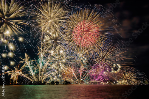 The colorful fireworks and the small island (Yomegashima) in Matsue Suigo festival