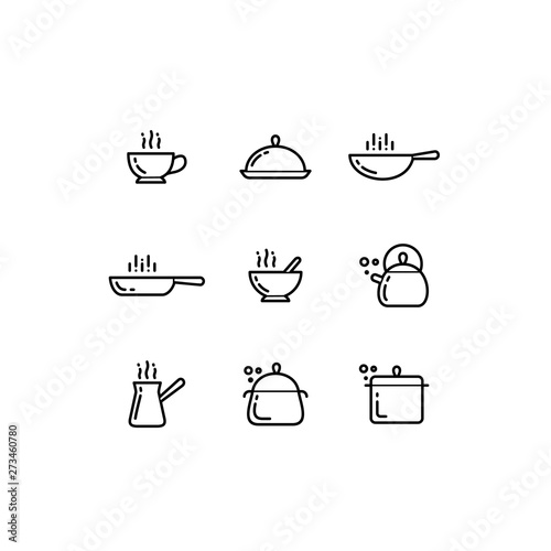 Simple line vector сooking utensils icons set. Pan, saucepan, cezve coffee, tea kettle, frying pan, bowl, tray.