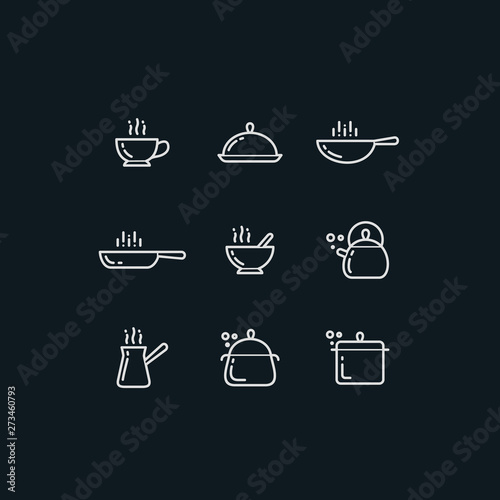 Simple line vector сooking utensils icons set. Pan, saucepan, cezve coffee, tea kettle, frying pan, bowl, tray.
