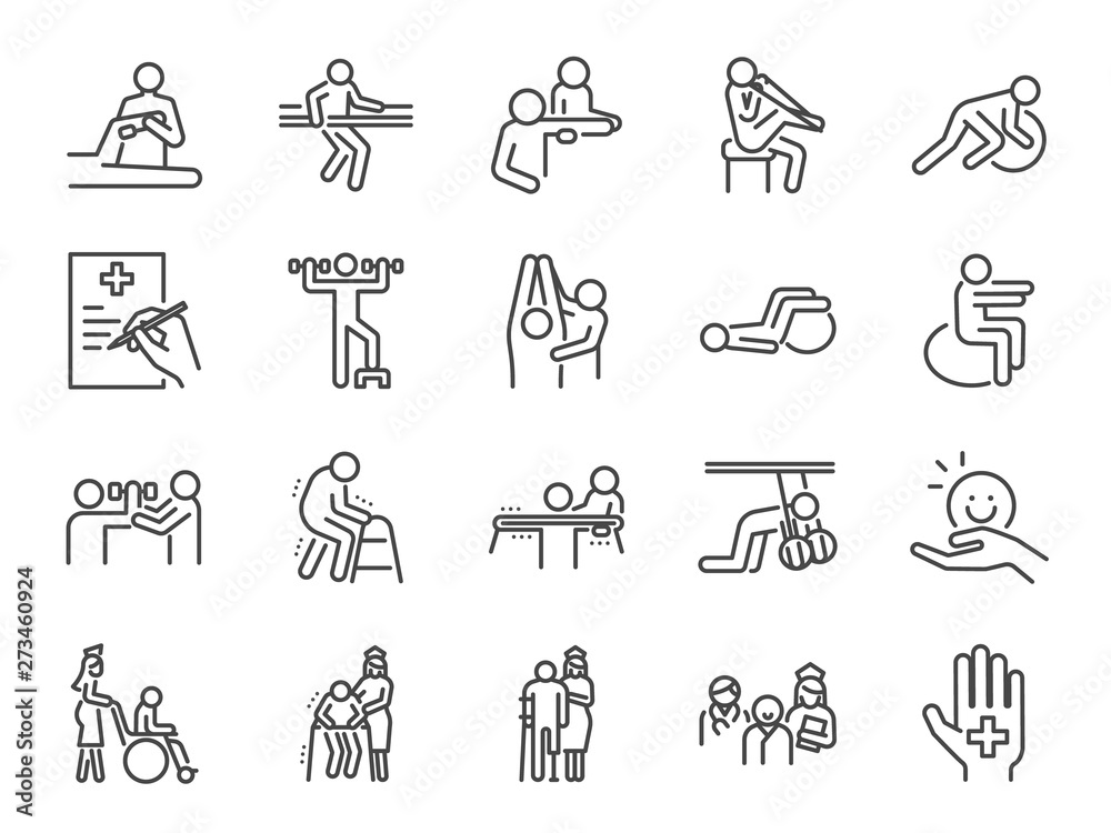 Physical therapy line icon set. Included icons as recovery, body, Nursing Home, take care, hospital, physiology and more. Physical therapy line icon set. Included icons as recovery, body, Nursing Home, take care, hospital, physiology and more.