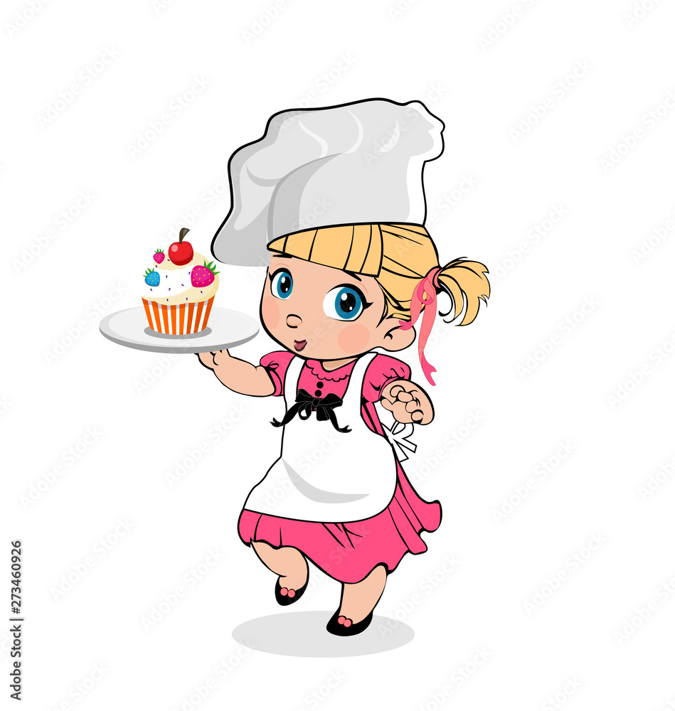 Little Girl Chef with Cupcake on Plate, Kids Menu Little Girl Chef with Cupcake on Plate, Kids Menu
