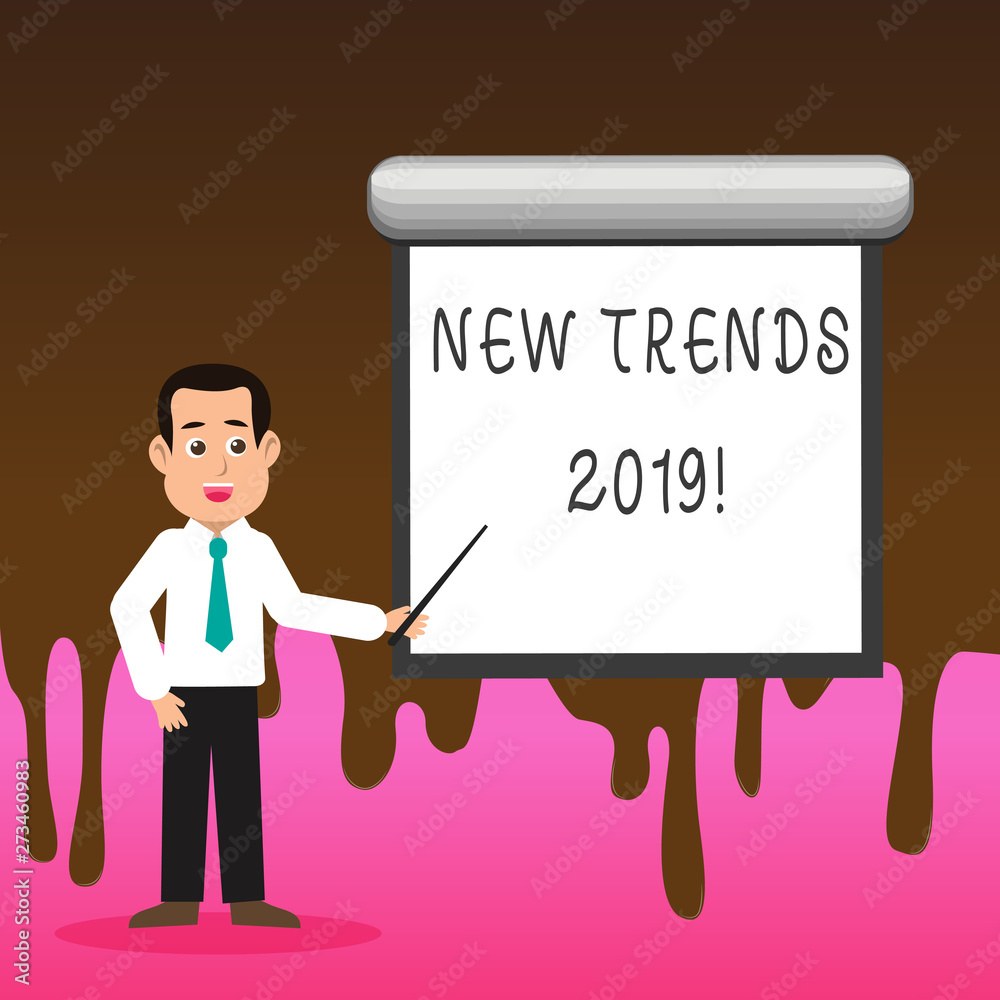 Conceptual hand writing showing New Trends 2019. Concept meaning general direction in which something is developing Man in Necktie Holding Stick Pointing White Screen on Wall Conceptual hand writing showing New Trends 2019. Concept meaning general direction in which something is developing Man in Necktie Holding Stick Pointing White Screen on Wall