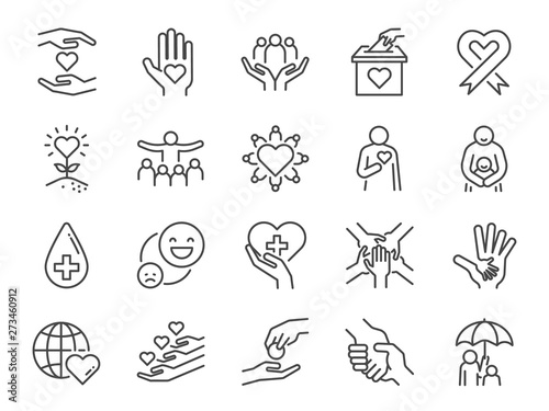 Charity line icon set. Included icons as kind, care, help, share, good, support and more.