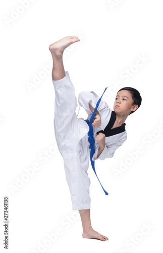 Master Blue Belt TaeKwonDo Kid show fighting pose, Asian Teenager Boy athletes exercise warm up in white uniform pants bare foots, studio lighting white background copy space
