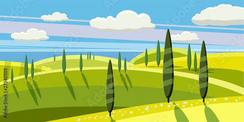 Lovely countryside, farm, village, grazing cows, sheep flowers clouds Cartoon style vector