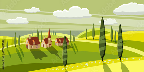 Lovely countryside, farm, village, grazing cows, sheep flowers clouds Cartoon style vector