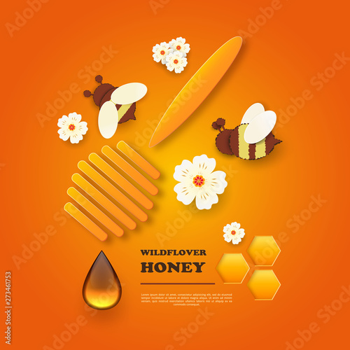 Paper cut like a bee with honeycombs. Design template for beekeeping and honey advertising. Orange background. Place for your text. Vector