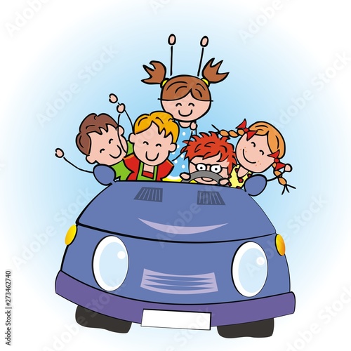 Happy kids at blue car, vector humorous illustration, blue background