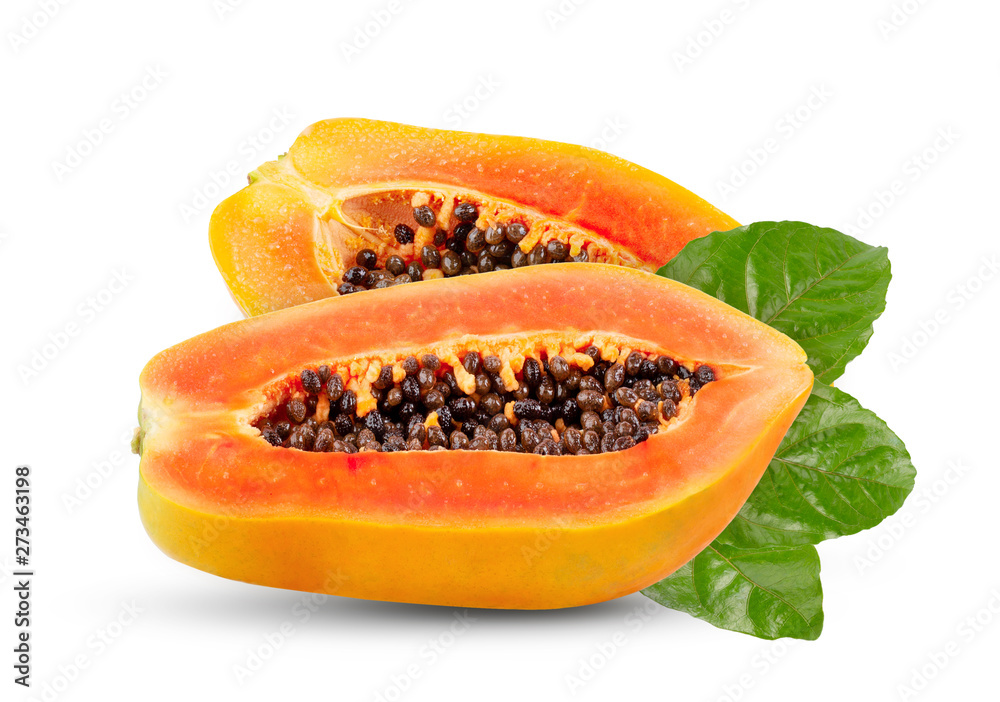 ripe papaya fruit with seeds and leaf isolated on white background. full depth of field ripe papaya fruit with seeds and leaf isolated on white background. full depth of field