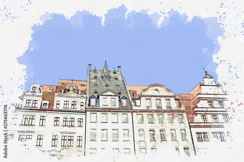 Watercolor sketch or illustration of a beautiful view of traditional old buildings in Leipzig in Germany.