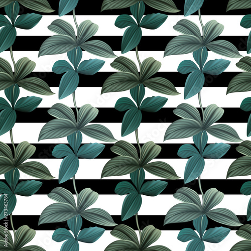 Seamless pattern Medellin spacious leaf plant with black and white strip Background