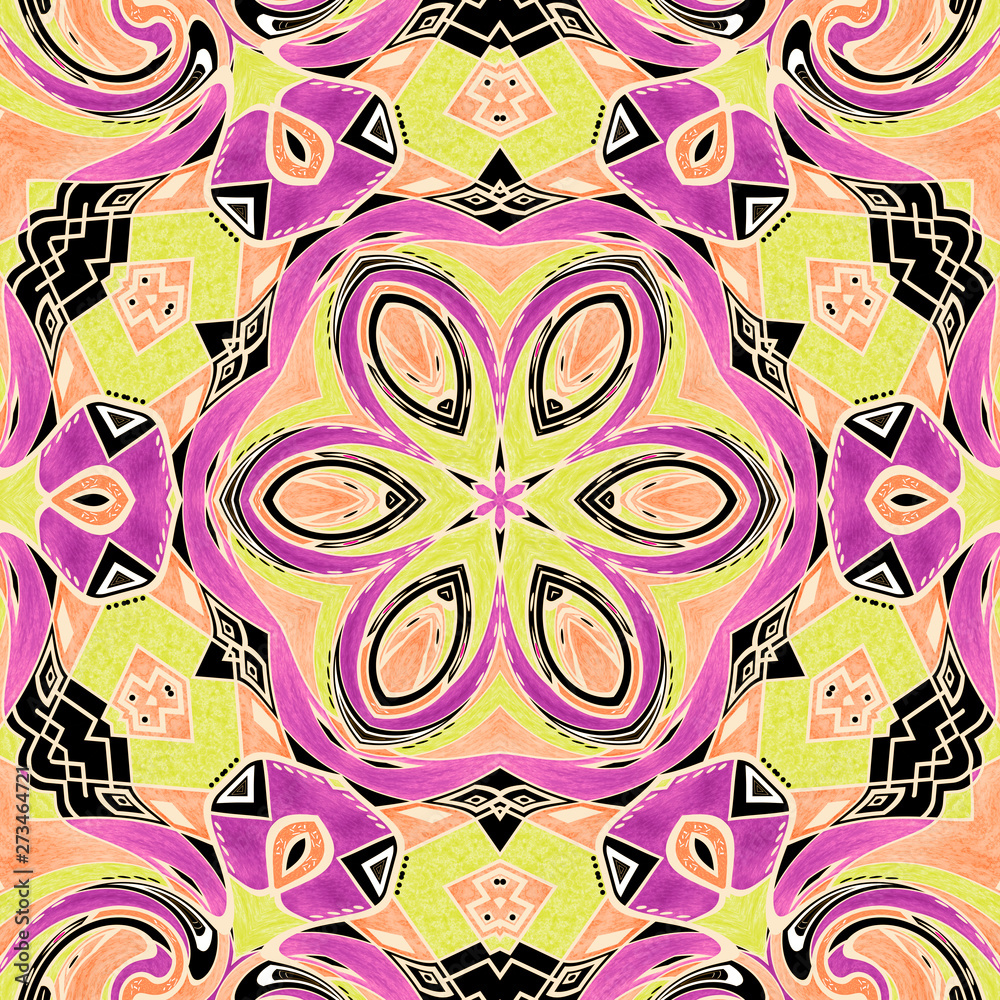 Fototapeta premium Seamless mandala kaleidoscope circle bright summer pattern