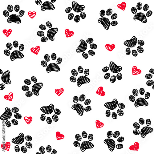 Seamless background with heart and footprint, paws