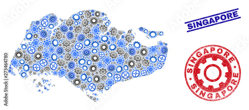 Industrial vector Singapore map mosaic and seals. Abstract Singapore map is constructed from gradient scattered cogwheels. Engineering territorial plan in gray and blue colors,